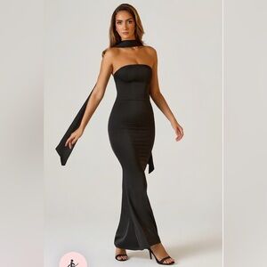 Mandi Scarf-Detail Strapless Gown in Black